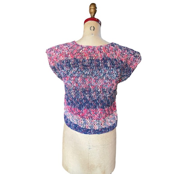 Razzle Me Womens Sweater Purple Pink Striped Crochet Knitted Cap Sleeves M - Picture 4 of 6